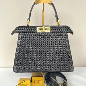 Black Woven Handbag with Gold Accents
